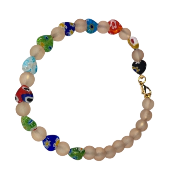 Colorful Millefiori Glass Hearts Frosted Beaded Bracelet - Picture 2 of 2